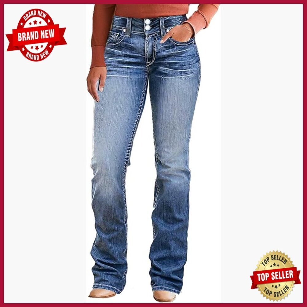 Mid Waist Boot Cut Jeans Tummy Control Stretch Denim Flare Pants
